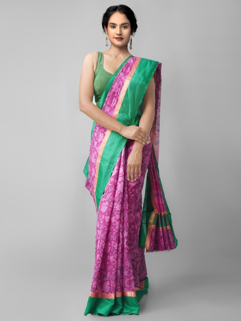 

Unnati Silks Pink & Green Ethnic Motifs Zari Silk Cotton Chanderi Saree