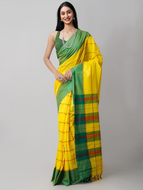 

Unnati Silks Yellow & Green Striped Pure Handloom Narayan Peth Saree