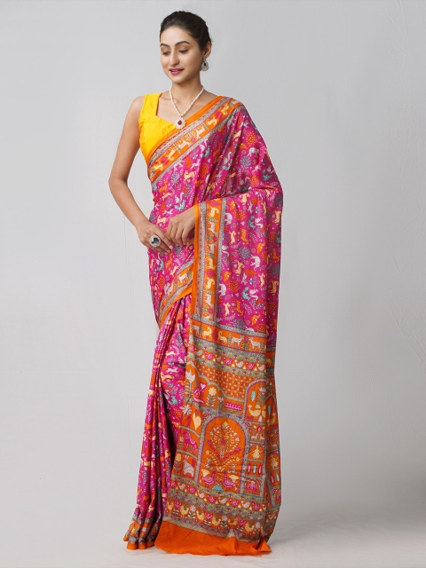 

Unnati Silks Pink & Orange Ethnic Motifs Silk Blend Handloom Jamdani Saree