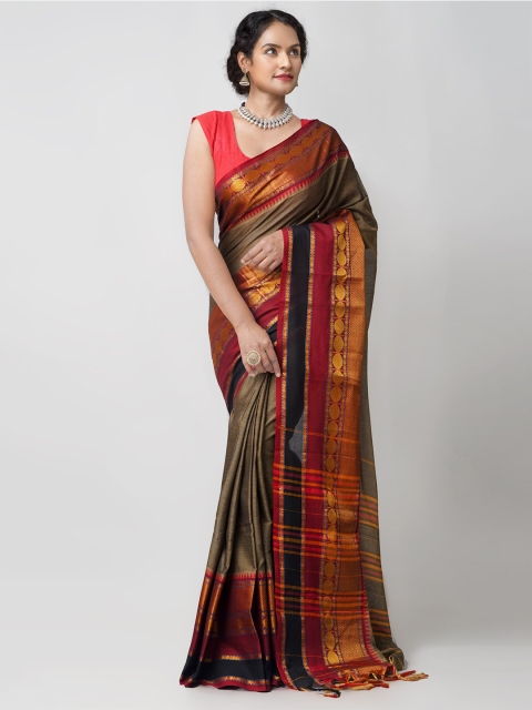 

Unnati Silks Olive Green & Maroon Zari Pure Cotton Sustainable Handloom Narayan Peth Saree