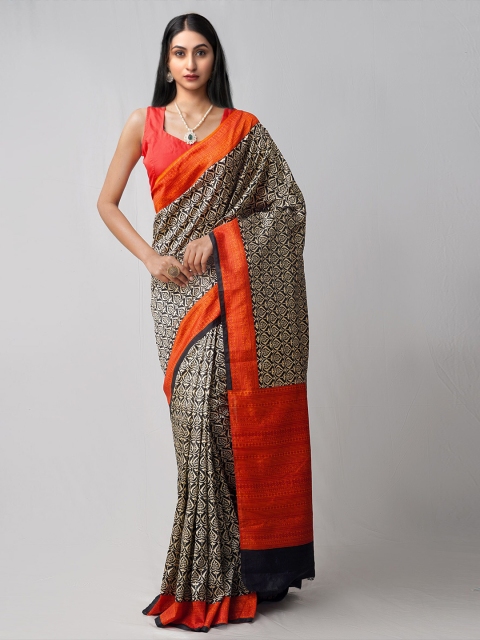 

Unnati Silks Black & Orange Ethnic Motifs Printed Block Printed Art Silk Saree