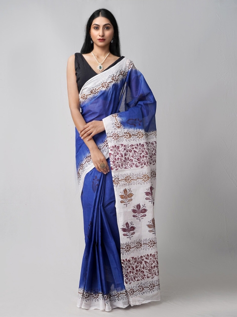 

Unnati Silks Blue & White Ethnic Motifs Block Print Saree