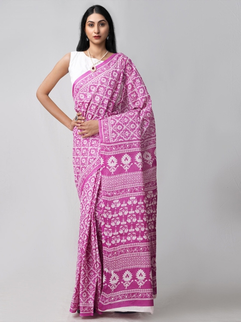 

Unnati Silks Pink & White Ethnic Motifs Pure Cotton Banarasi Saree