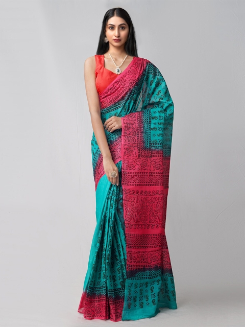 

Unnati Silks Green & Pink Ethnic Motifs Block Print Saree