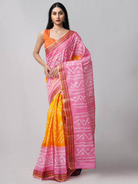 

Unnati Silks Orange & Pink Zari Pure Cotton Bandhani Saree