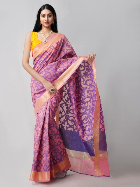 

Unnati Silks Pink & Purple Woven Design Zari Net Block Print Saree