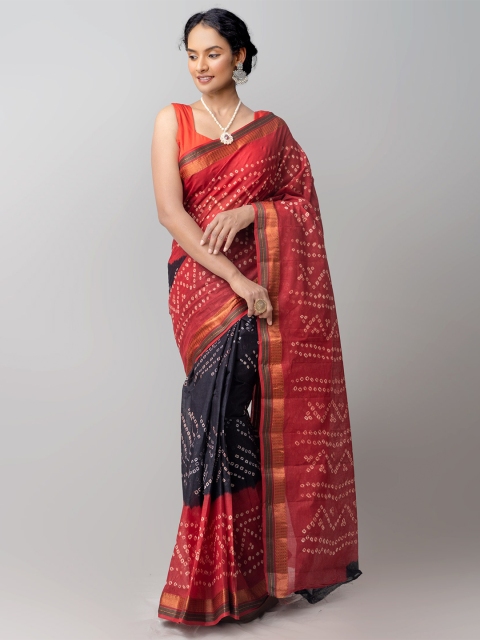 

Unnati Silks Black & Red Bandhani Zari Pure Cotton Bandhani Saree
