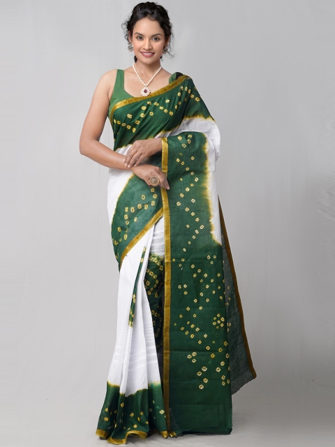 

Unnati Silks White & Green Bandhani Zari Pure Cotton Bandhani Saree