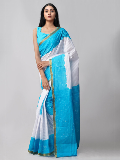 

Unnati Silks White & Blue Bandhani Zari Pure Cotton Bandhani Saree