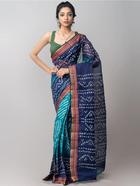 

Unnati Silks Navy Blue & White Bandhani Zari Pure Cotton Bandhani Saree
