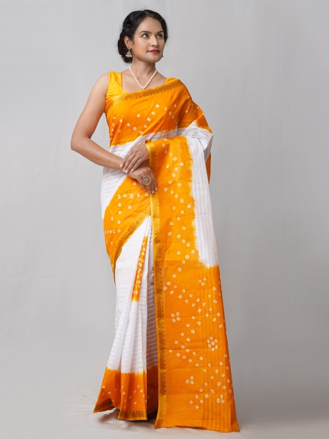 

Unnati Silks White & Mustard Bandhani Zari Pure Cotton Bandhani Saree