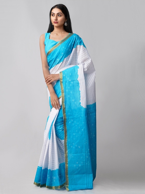 

Unnati Silks White & Blue Bandhani Zari Pure Cotton Bandhani Saree