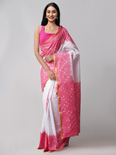

Unnati Silks White & Pink Bandhani Zari Pure Cotton Bandhani Saree