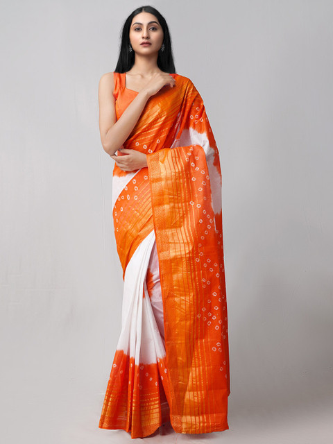 

Unnati Silks White & Orange Bandhani Zari Pure Cotton Bandhani Saree