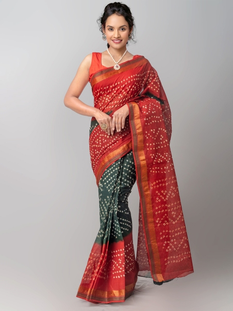 

Unnati Silks Green & Red Bandhani Zari Pure Cotton Bandhani Saree