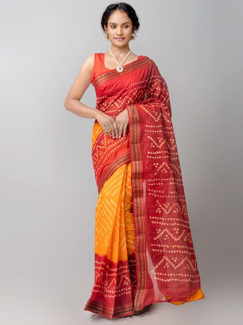 

Unnati Silks Orange & Red Bandhani Pure Cotton Bandhani Saree