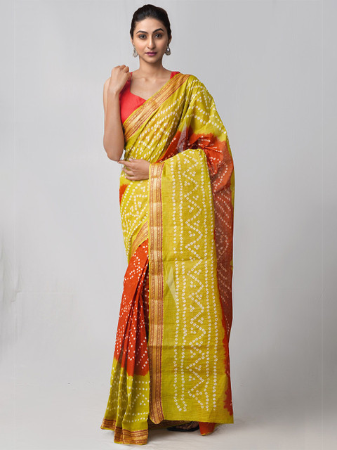 

Unnati Silks Rust & Yellow Bandhani Zari Pure Cotton Bandhani Saree
