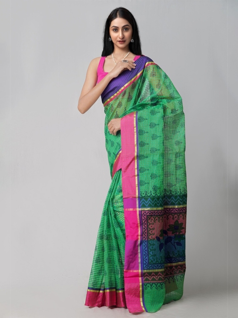 

Unnati Silks Green & Magenta Ethnic Motifs Net Block Print Saree