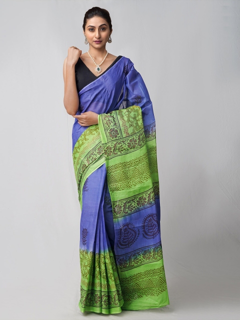 

Unnati Silks Blue & Green Ethnic Motifs Block Print Saree