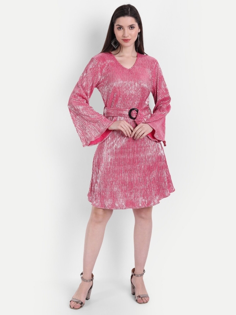 

BROADSTAR Pink A-Line Embellished Midi Dress