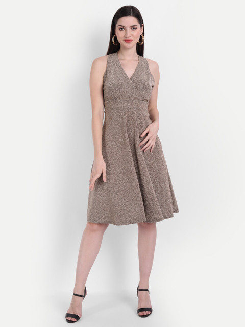 

BROADSTAR Beige Shimmer A-Line Dress with Styled Back