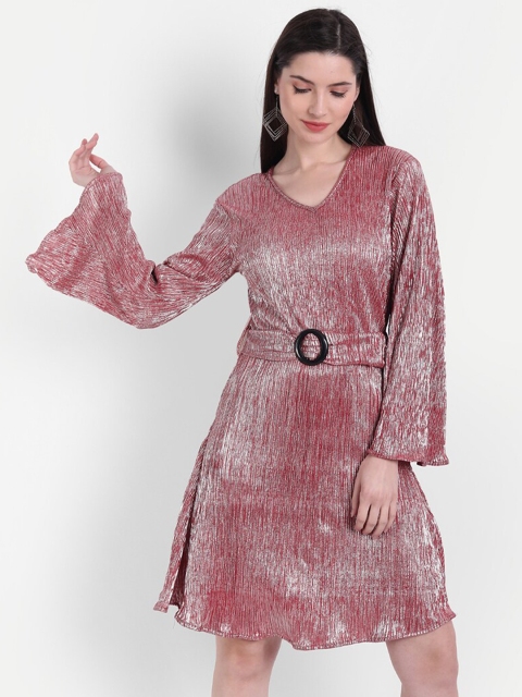 

BROADSTAR Red Self Design A-Line Dress