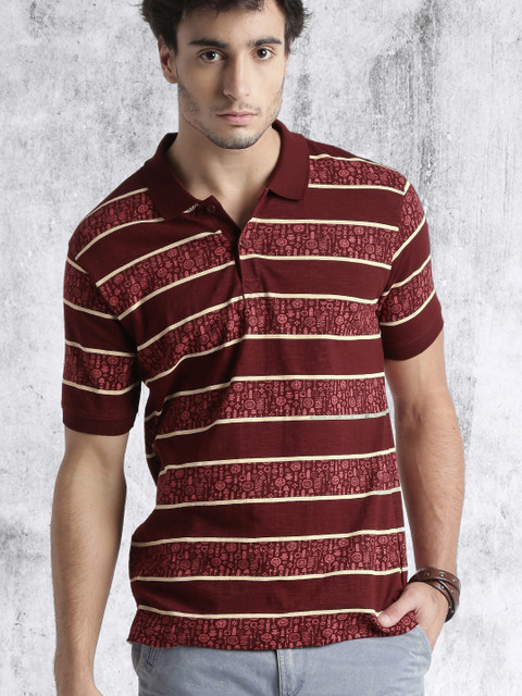 

Roadster Men Maroon Striped & Printed Polo Collar T-shirt