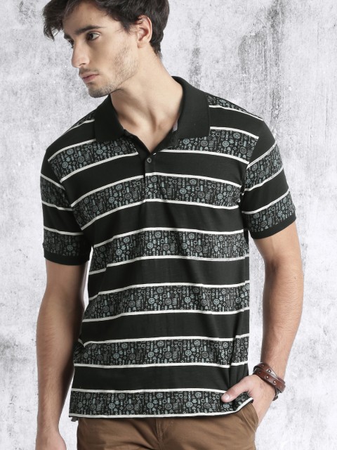

Roadster Men Black Striped & Printed Polo Collar T-shirt