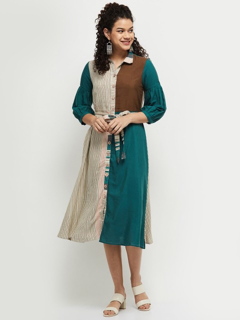 

max Green & Beige Colourblocked A-Line Midi Dress