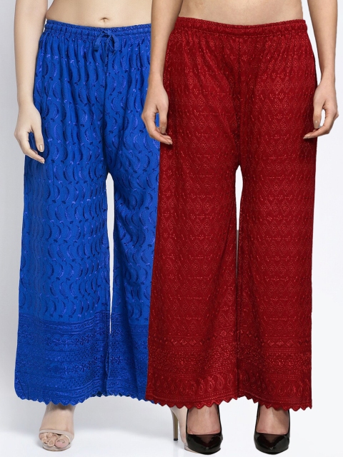 

Jinfo Women Pack Of 2 Blue & Maroon Floral Embroidered Flared Knitted Palazzos
