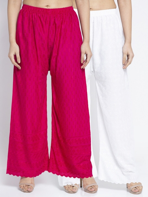 

Jinfo Women Pack of 2 White & Magenta Chikankari Embroidered Ethnic Palazzos