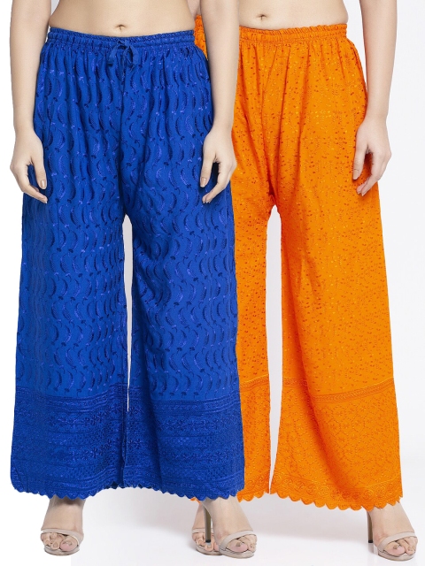 

Jinfo Women Pack Of 2 Blue & Orange Chikankari Embroidered Flared Cotton Ethnic Palazzos