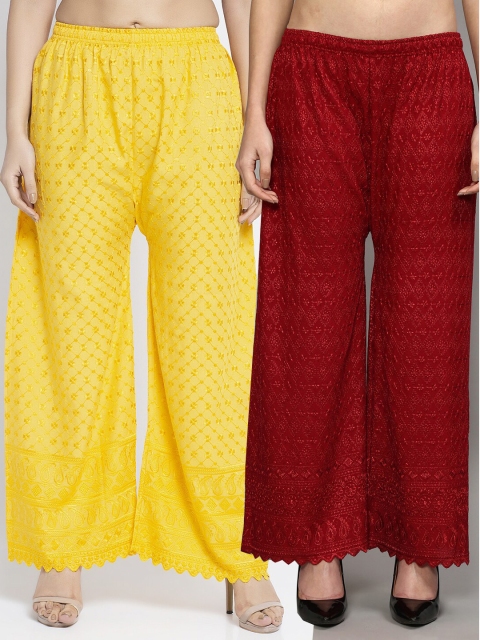 

Jinfo Women Yellow & Maroon 2 Ethnic Motifs Embroidered Flared Ethnic Palazzos