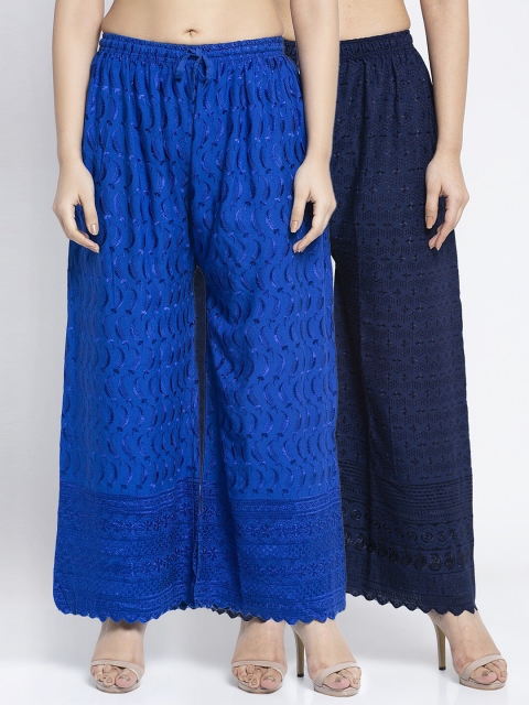

Jinfo Women Set Of 2 Blue & Navy Blue Embroidered Flared Palazzos