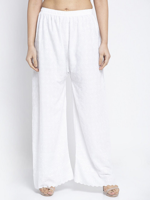 

Jinfo Women White Ethnic Motifs Embroidered Flared Knitted Ethnic Palazzos