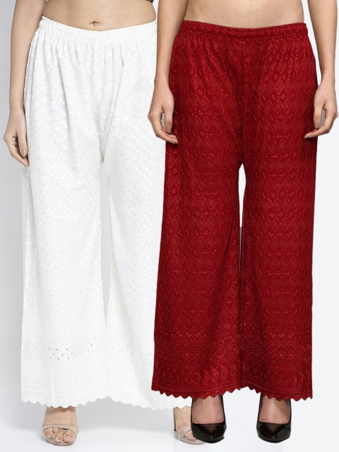 

Jinfo Women Set Of 2 Maroon & Off White Embroidered Flared Palazzos