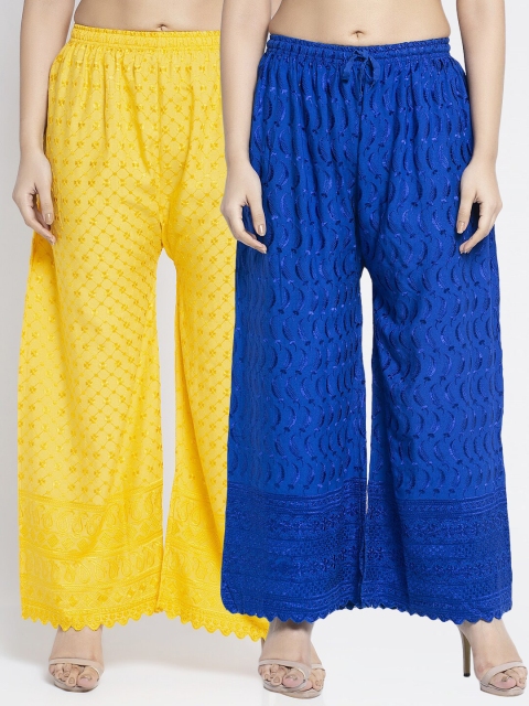 

Jinfo Women Pack Of 2 Embroidered Flared Knitted Ethnic Cotton Palazzos, Blue