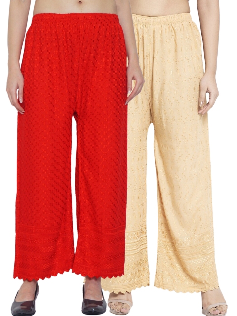 

Jinfo Women Pack of 2 Red & Beige Chikankari Embroidered Cotton Ethnic Palazzos
