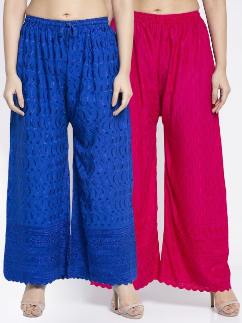 

Jinfo Women Blue & Pink 2 Ethnic Motifs Embroidered Flared Knitted Palazzos