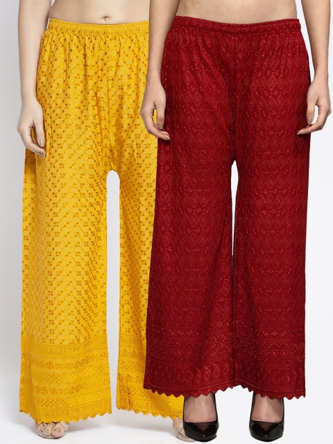 

Jinfo Women Set Of 2 Maroon & Yellow Embroidered Flared Palazzos
