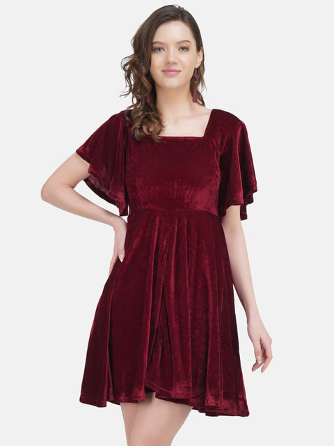 

STALK Red Solid Velvet Fit & Flared Dress