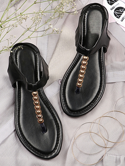 

THE WHITE POLE Women Black Embellished T-Strap Flats