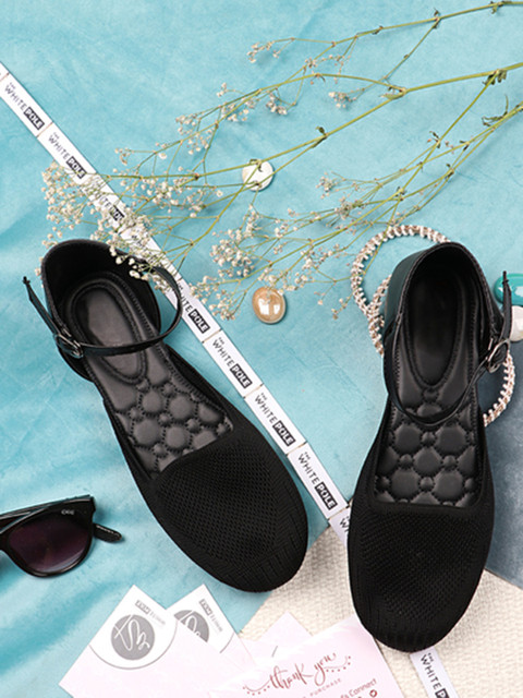 

THE WHITE POLE Women Black Printed Leather Ethnic Ballerinas with Buckles Flats