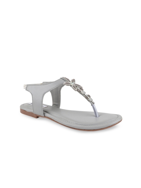 

THE WHITE POLE Women Grey Embellished T-Strap Flats