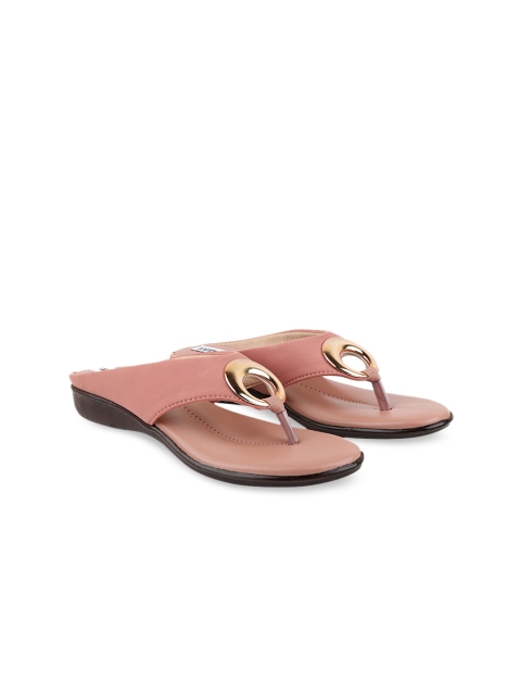 

THE WHITE POLE Women Pink Embellished Leather Ethnic T-Strap Flats