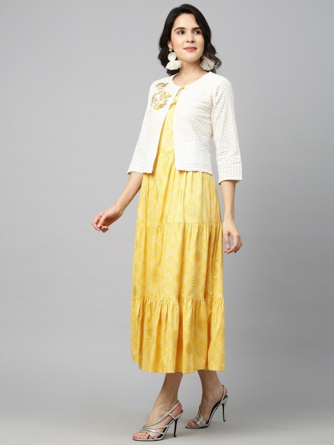 

FASHOR Yellow & Off White Bandhani Print Tiered Midi Dress with Chikankari Jacket