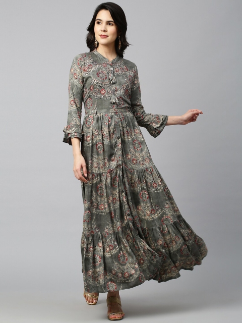 

FASHOR Charcoal Grey & Red Ethnic Motifs Printed Tiered Maxi Dress