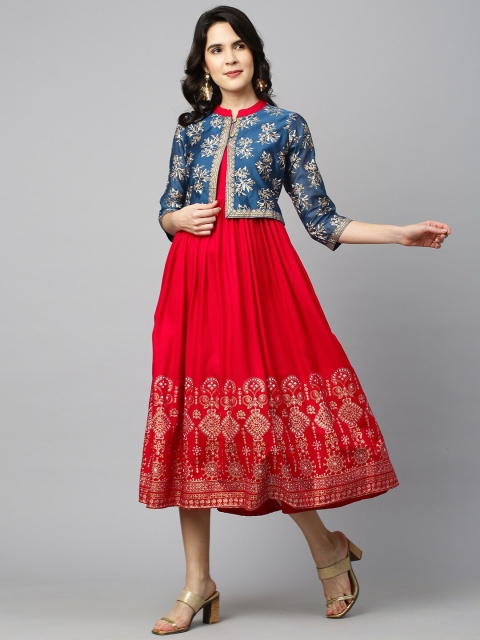 

FASHOR Red & Blue Foil Print A-Line Midi Dress with Attached Chanderi Jacket