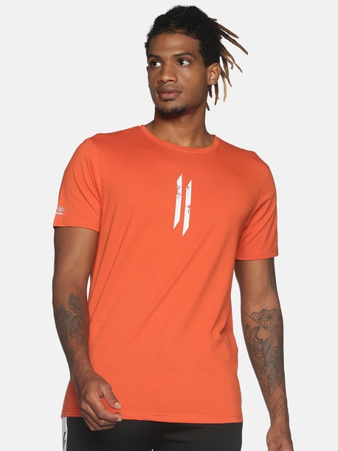 

ATTIITUDE Men Orange & White Brand Logo Printed Dry Fit Cotton Slim Fit T-shirt