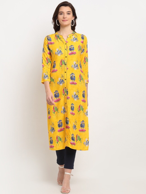 

Lovely Lady Women Yellow Ethnic Motifs Printed Kantha Work Kurta
